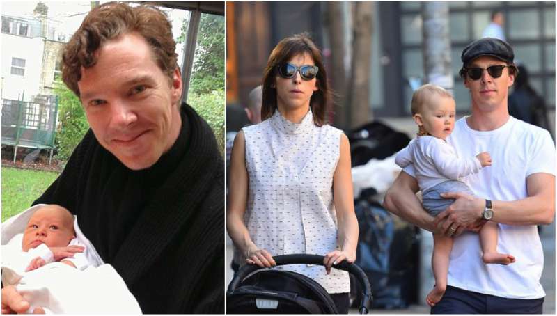 Christopher Carlton Cumberbatch in a white baby dress with his father on the left and his brother with his parents on the right.